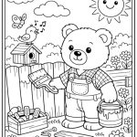 Sieben Knuddelbärchen in einer freundlichen Szene – Malbuch für Kinder und Erwachsene zum Entspannen